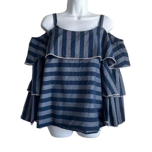 INC Women Top L Blue Monochromic Striped Tiered Flare Sleeve Ruffle Boho‎ Girly - Picture 1 of 10